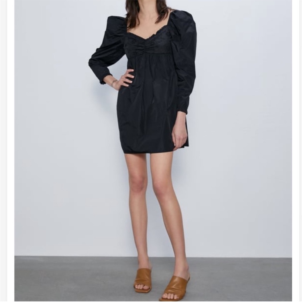 ZARA Black Embroidered Mini Babydoll Dress Long Puff Sleeves Size XS NEW